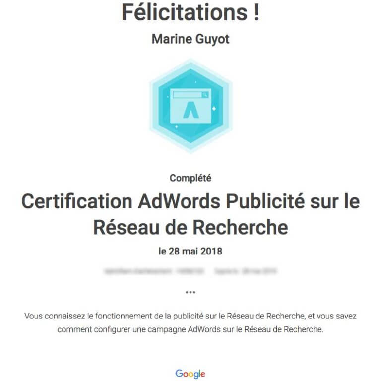 certificat adwords publicité sur réseau de recherche